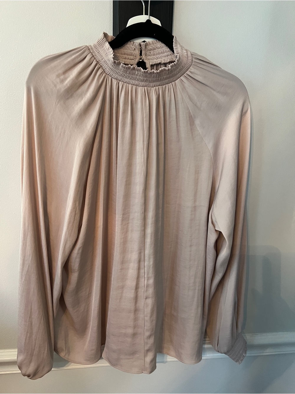 Jennifer Lopez Pale Blush High-Neck Long Sleeve Blouse